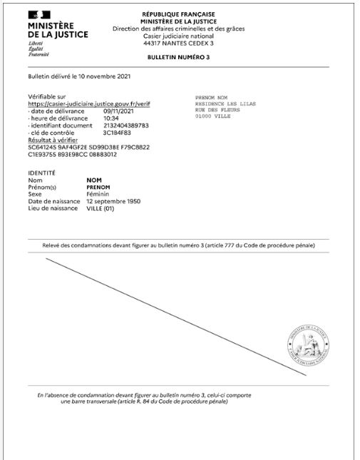 Spécimen d'extrait de casier judiciaire vide